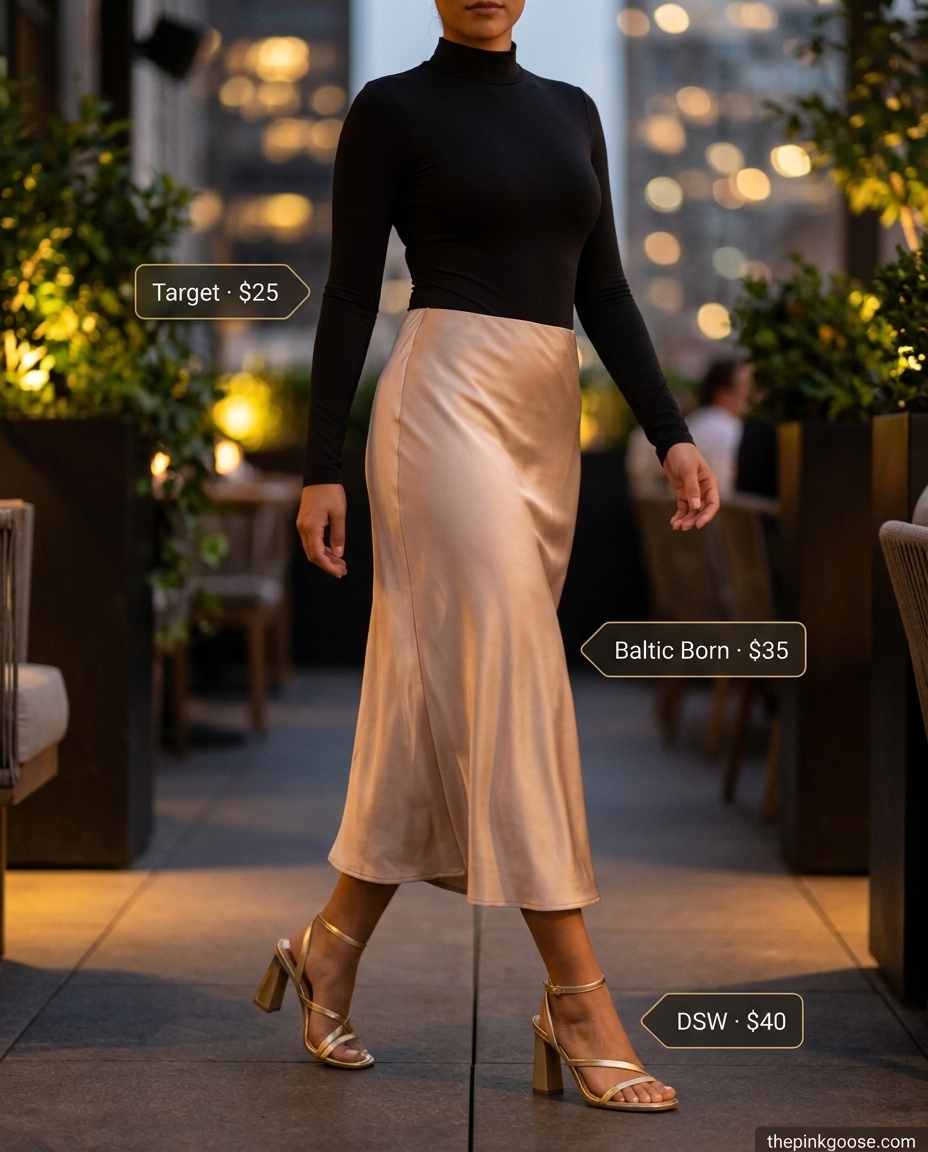 What to Wear with Bodysuit Summer 2026: Black long-sleeve bodysuit, champagne satin midi skirt, and gold strappy heels for evening.