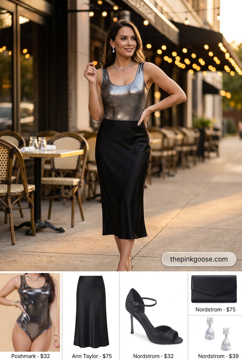 Glamorous evening outfit with silver metallic bodysuit, black satin skirt, and stiletto heels. What to wear with bodysuit summer 2026.