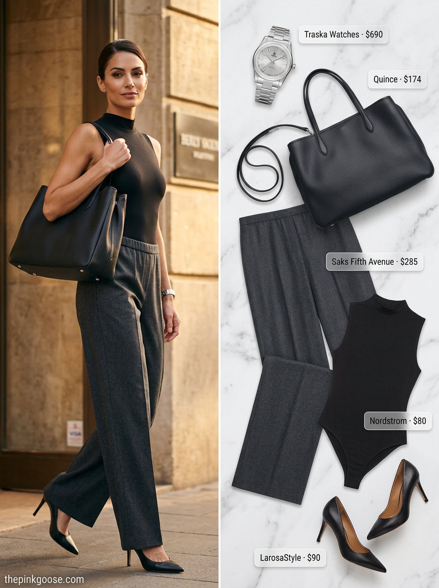 What to Wear with Bodysuit Summer 2026: Charcoal wide-leg trousers, black high-neck bodysuit, and pointed pumps for office wear.