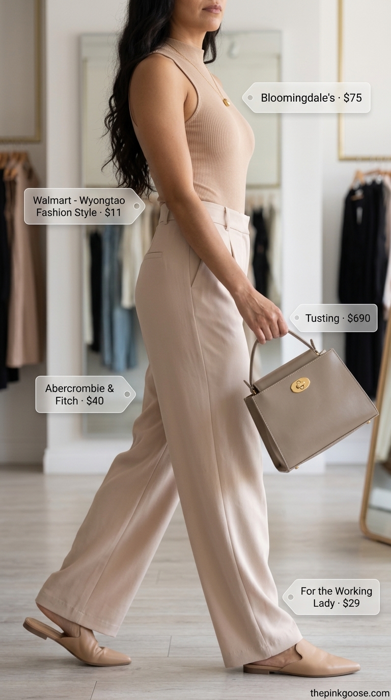 What to Wear with Bodysuit Summer 2026: Beige mock neck bodysuit, taupe trousers, mules for monochrome chic.