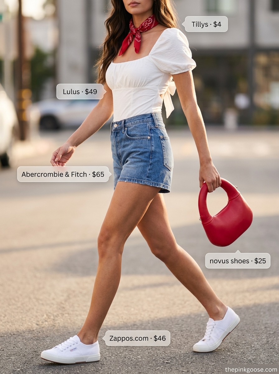 What to Wear with Bodysuit Summer 2026: White puff-sleeve bodysuit, denim shorts, and red accessories for a retro look.