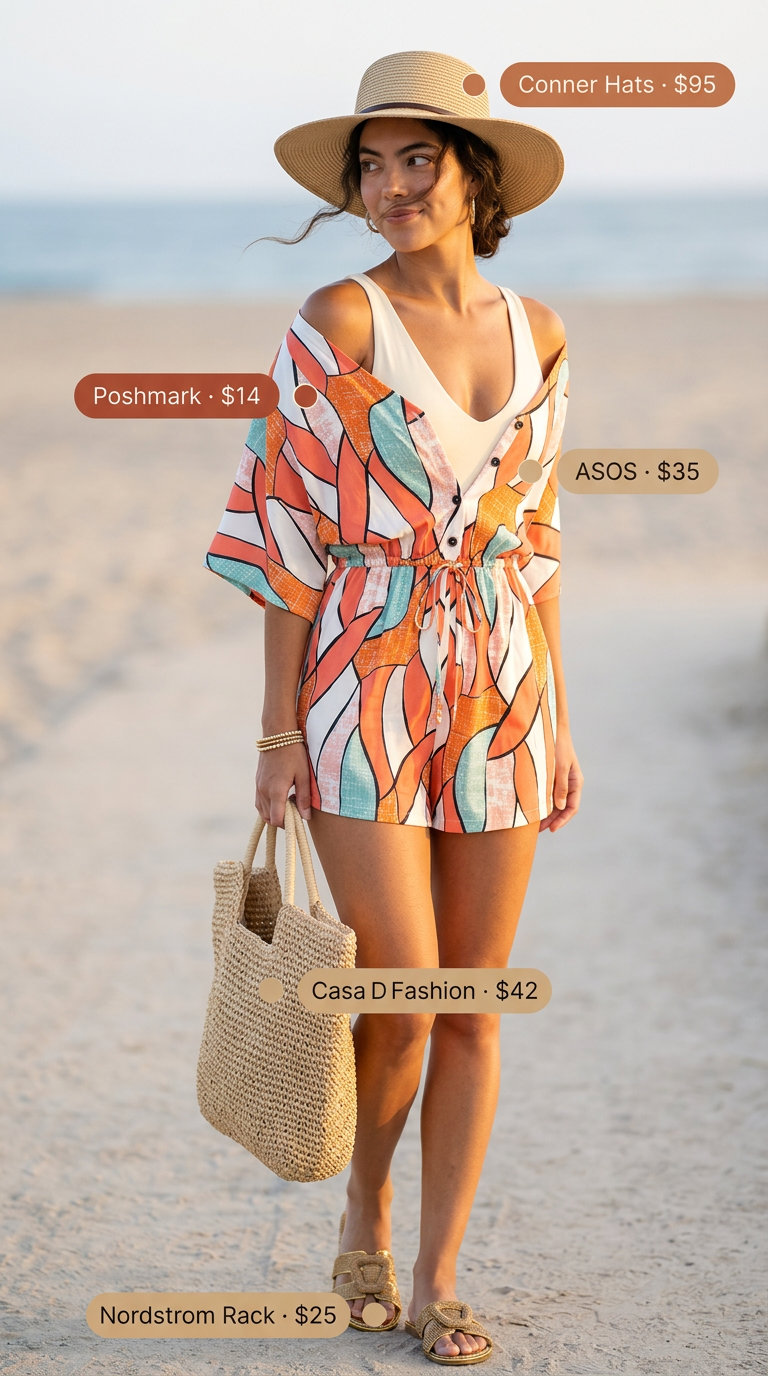 Vacation romper outfit with coral/teal print romper, cream bodysuit, and straw accessories. What to wear with bodysuit summer 2026.