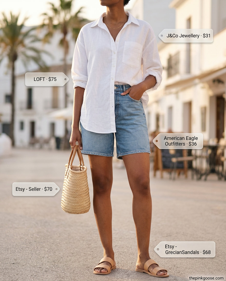 Coastal breeze outfit: Light wash denim shorts, white linen shirt, straw tote, leather slides. What to wear with denim shorts summer 2026.