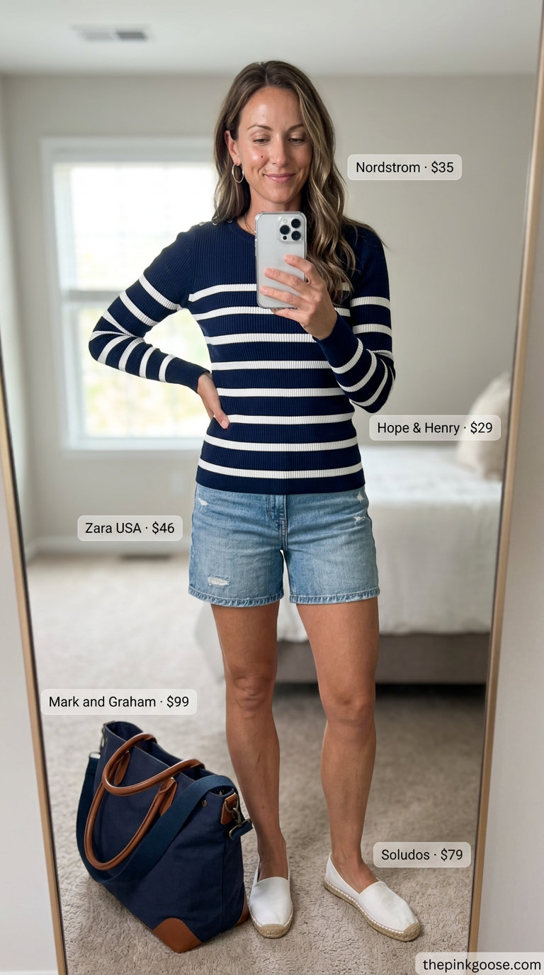 Coastal casual outfit: Denim shorts, Breton stripe sweater, espadrilles, canvas tote. What to wear with denim shorts summer 2026.