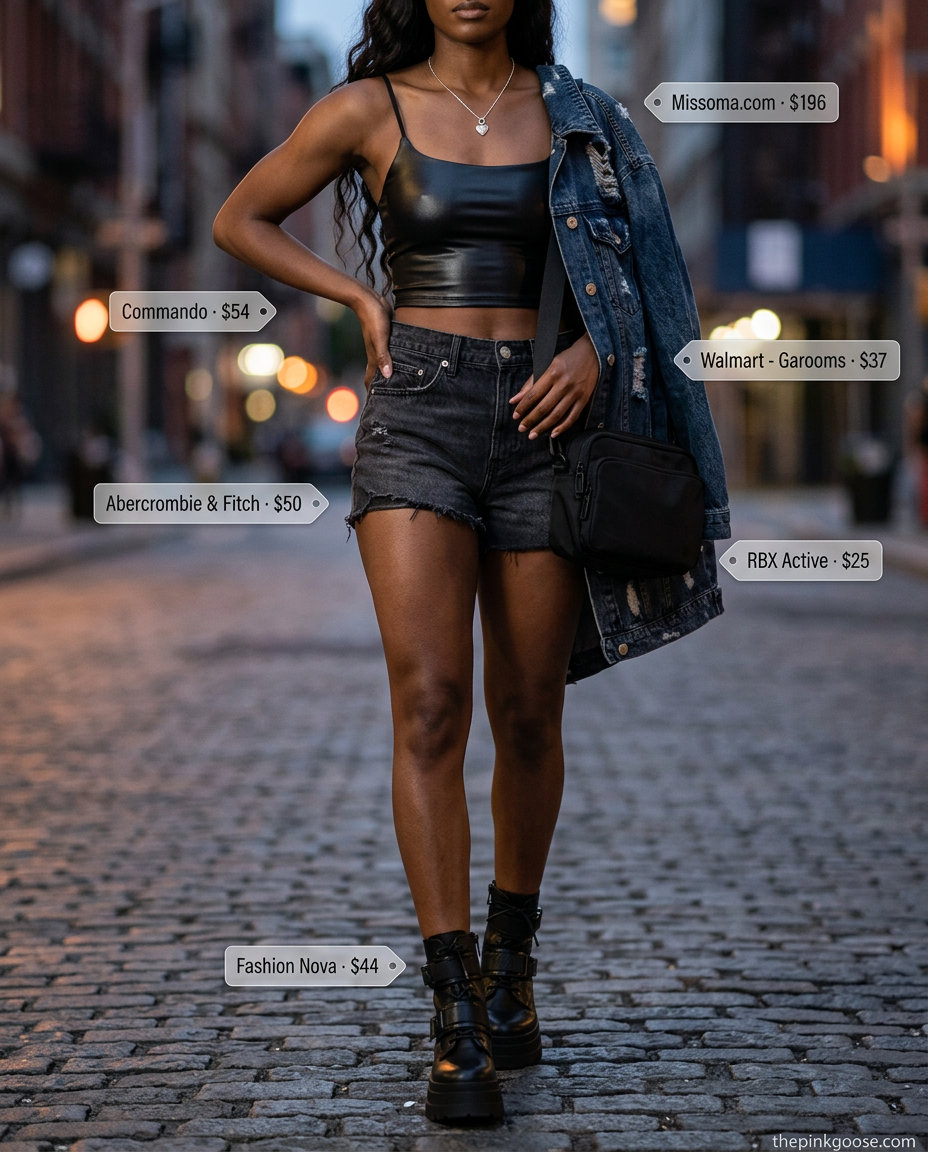 Edgy summer night look with distressed denim shorts, faux leather cami, and oversized denim jacket.