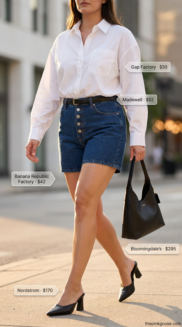 Modern minimalist outfit: Dark wash denim shorts, crisp white shirt, black mules & structured bag. What to wear with denim shorts summer 2026.