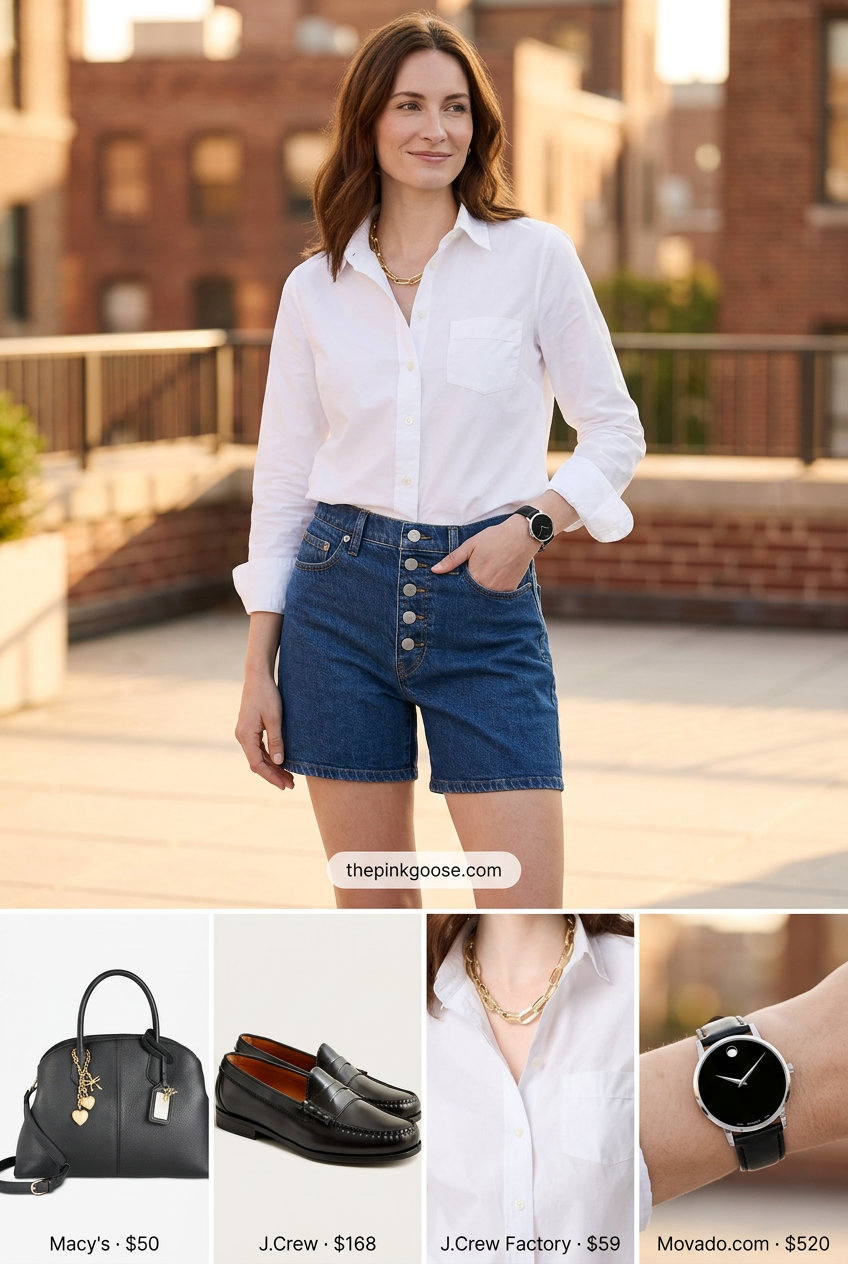 Summer office casual: Dark wash denim shorts, crisp white shirt, black loafers & structured satchel. What to wear with denim shorts summer 2026.