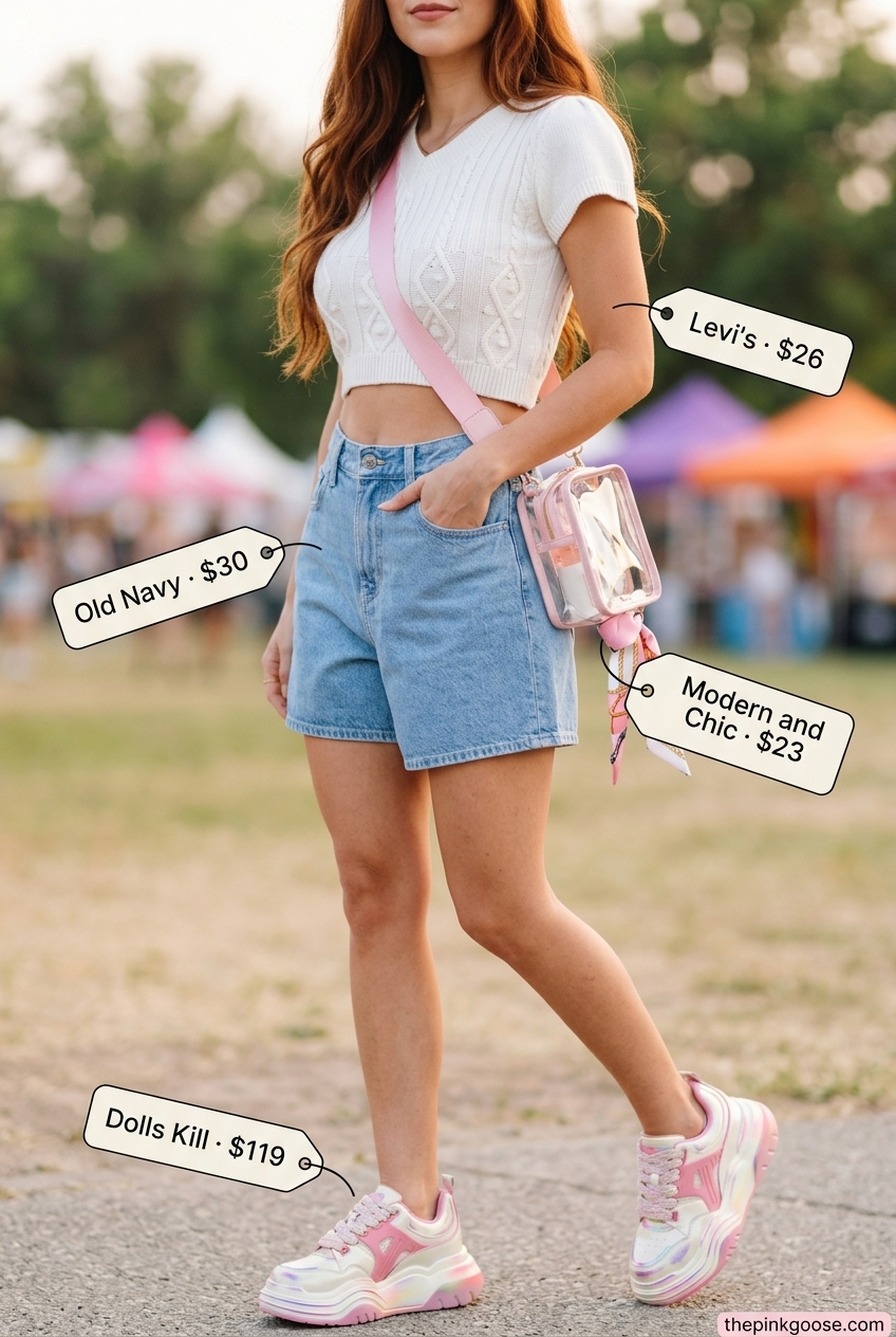 Retro summer fun outfit with light wash denim shorts, pastel pink graphic tee, and chunky fashion sneakers.