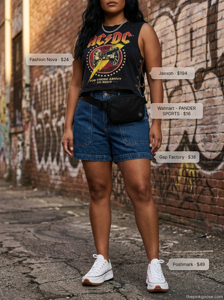 Urban explorer outfit with denim cargo shorts, graphic tee, and chunky platform sneakers.