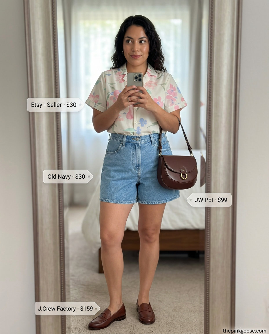 Vintage vibes outfit: Denim shorts, floral blouse, brown saddlebag, penny loafers. What to wear with denim shorts summer 2026.