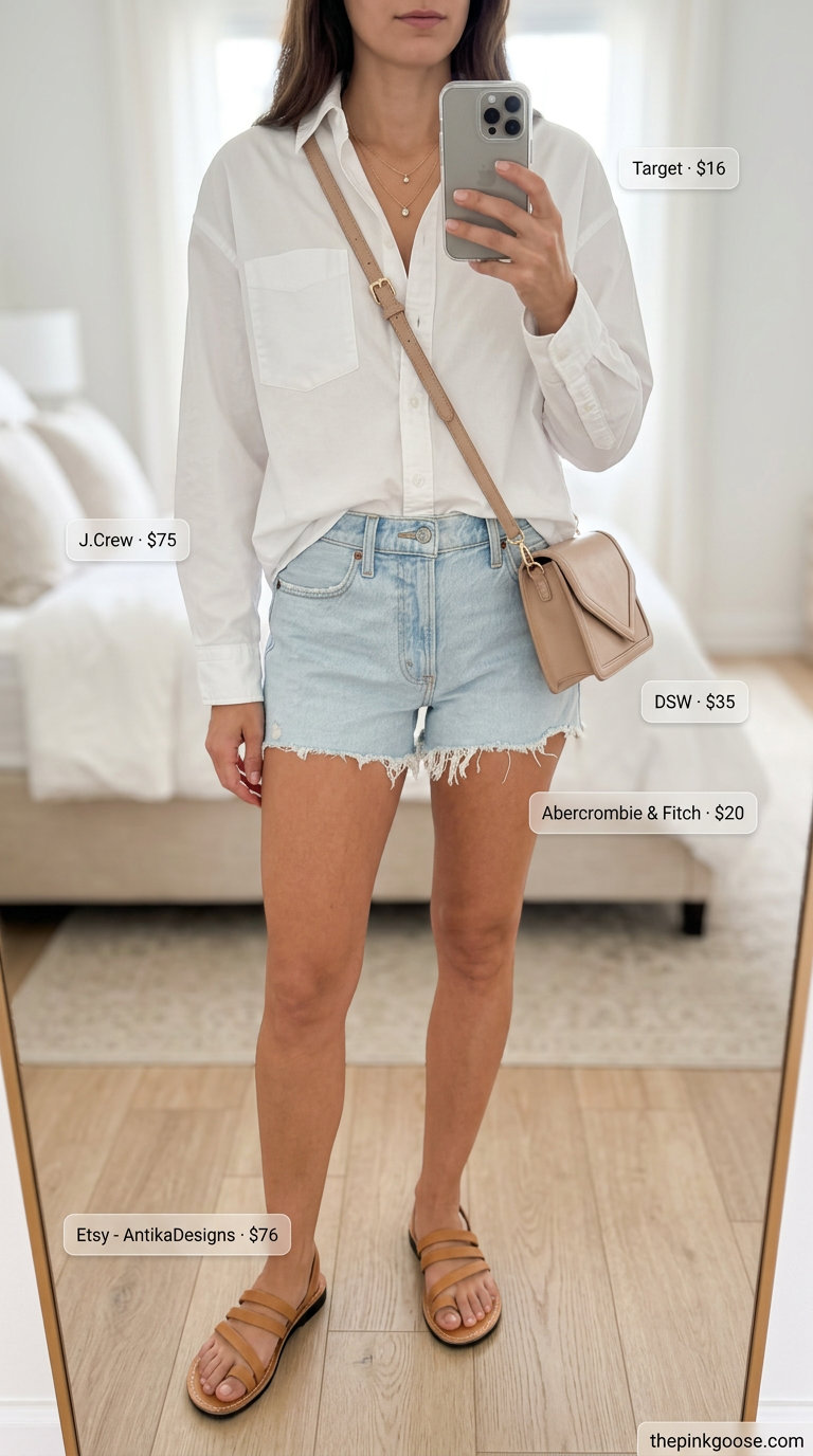 Weekend explorer outfit: Light wash mom shorts, oversized white shirt, leather slides. What to wear with denim shorts summer 2026.