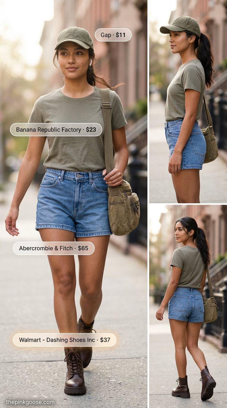 What to wear with denim shorts summer 2026: Olive green tee, medium wash shorts, cap, and hiking boots for a weekend adventure.