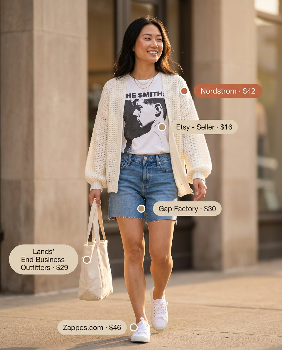 Weekend vibes outfit: Denim shorts, oversized knit cardigan, graphic tee, canvas tote. What to wear with denim shorts summer 2026.