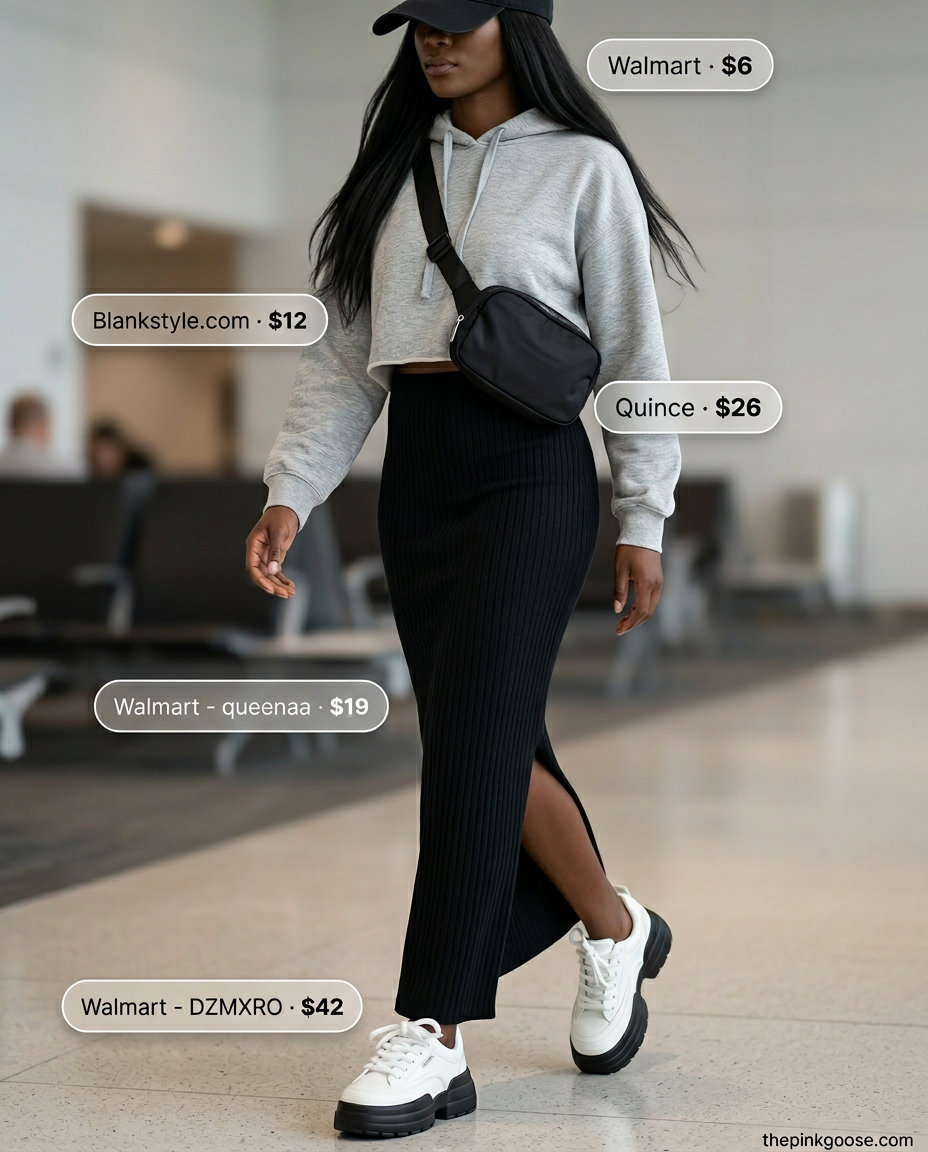 Athleisure black maxi skirt with hoodie, belt bag & sneakers for travel 2026.