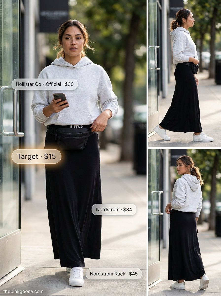 Athleisure maxi skirt outfit with hoodie, baseball cap, sneakers, belt bag. What to Wear with Maxi Skirt Summer 2026.