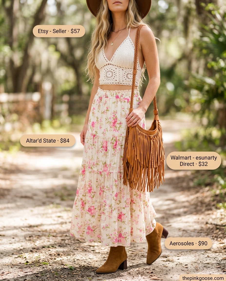 Boho festival outfit with floral maxi skirt, crochet top, fringe bag, ankle boots, and wide-brim hat. What to Wear with Maxi Skirt Summer 2026.