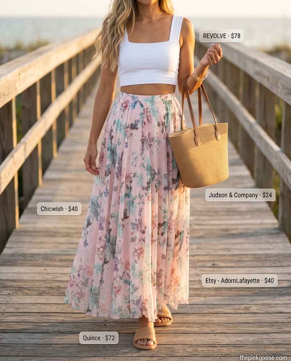 Bohemian pastel floral maxi skirt outfit with ribbed crop top, straw tote, and sandals. What to Wear with Maxi Skirt Summer 2026.