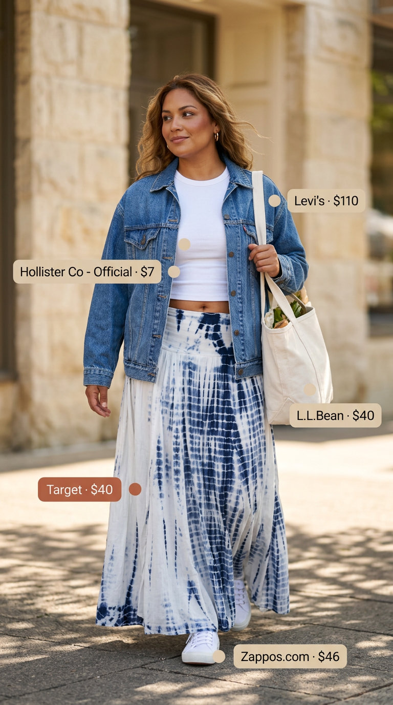 Casual blue & white print maxi skirt outfit with denim jacket & sneakers 2026.