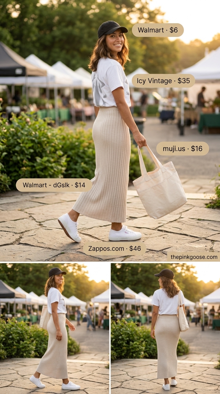 Casual beige knit maxi skirt outfit for weekend 2026. Graphic tee, sneakers, baseball cap, tote bag.