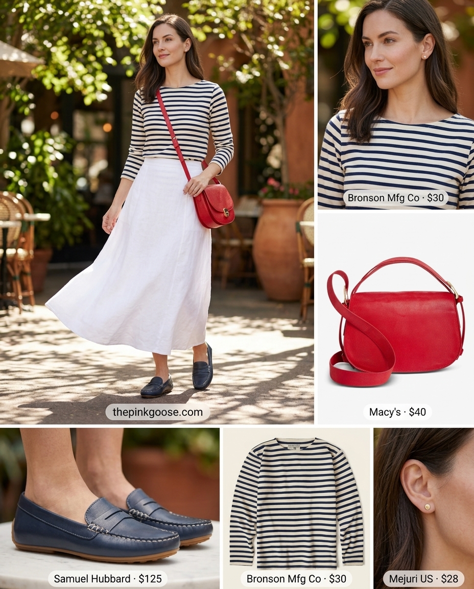 Classic nautical maxi skirt outfit with Breton top, red bag, driving moccasins. What to Wear with Maxi Skirt Summer 2026.