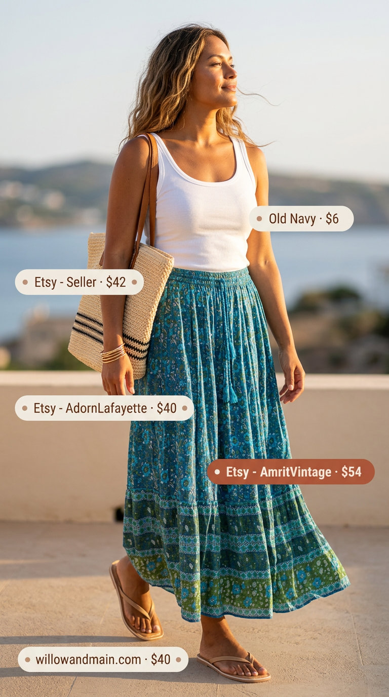 Coastal breeze maxi skirt outfit with floral print, tank top & sandals for summer 2026.