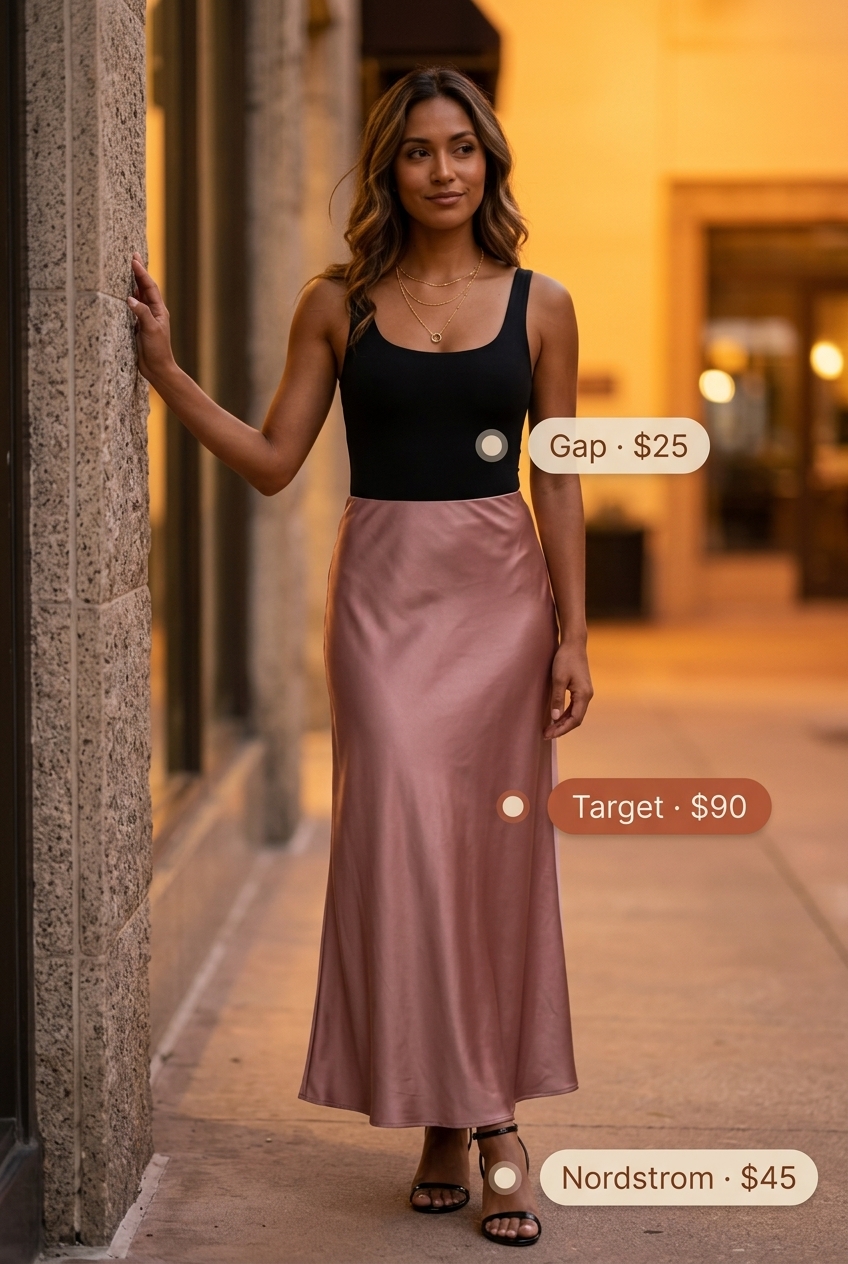 Coral satin slip maxi skirt outfit for date night 2026. Bodysuit, heeled sandals, clutch, gold necklaces.