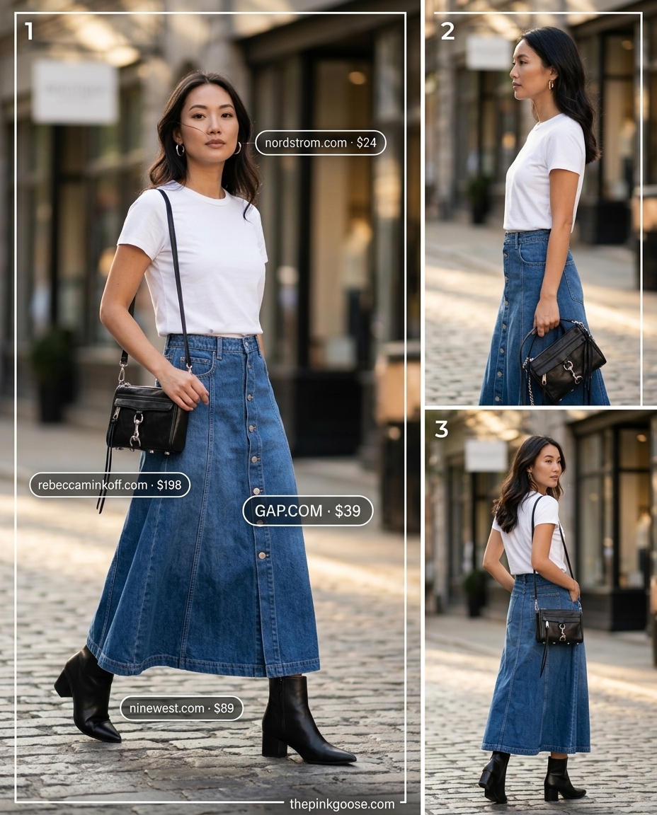 Casual denim maxi skirt outfit with white tee, leather bag, hoop earrings, and ankle boots. What to Wear with Maxi Skirt Summer 2026.