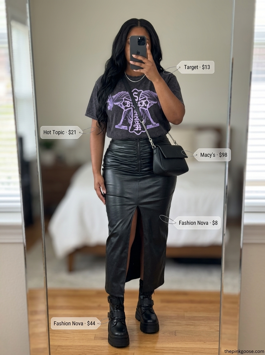 Edgy black faux leather maxi skirt outfit for concert 2026. Band tee, combat boots, chain bag.