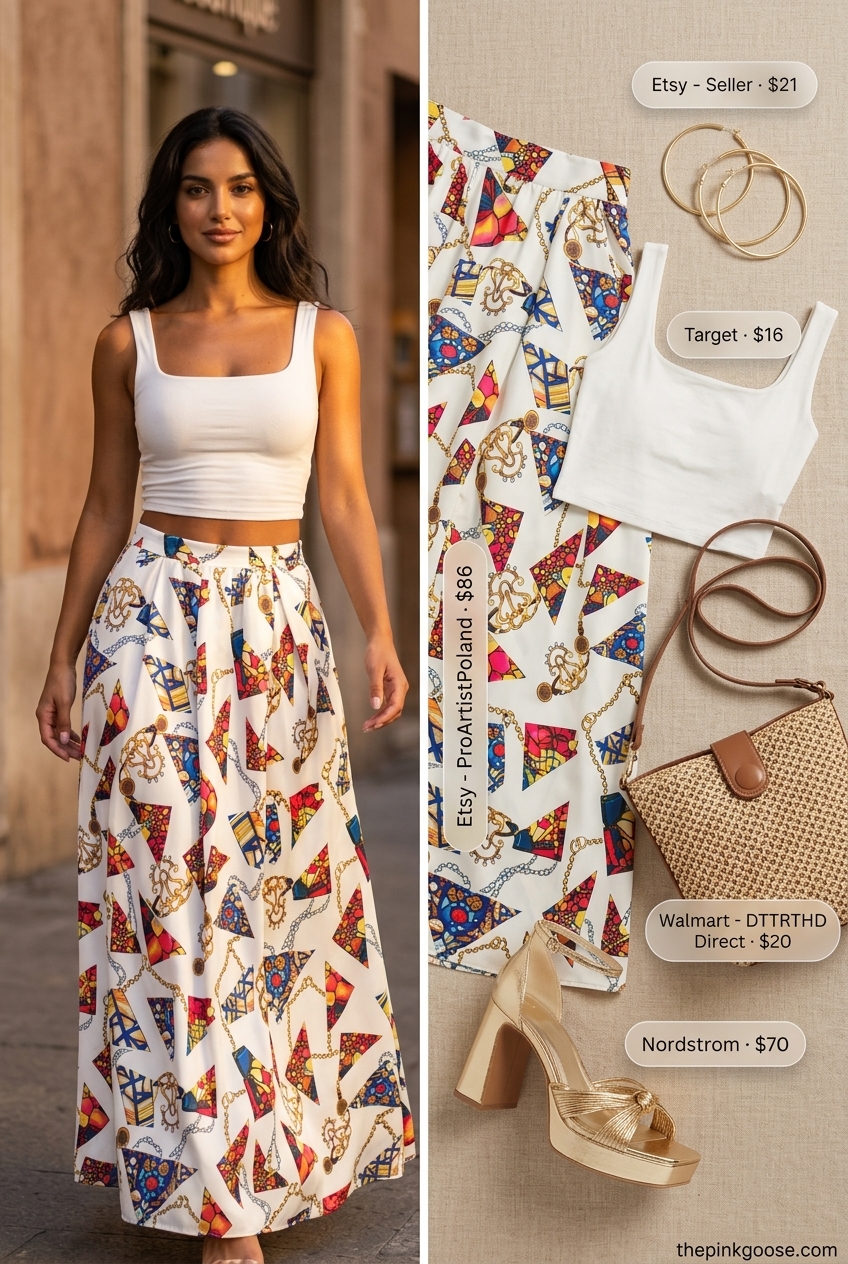 Multi-color abstract maxi skirt outfit for festival 2026. Crop top, platform sandals, woven bag.