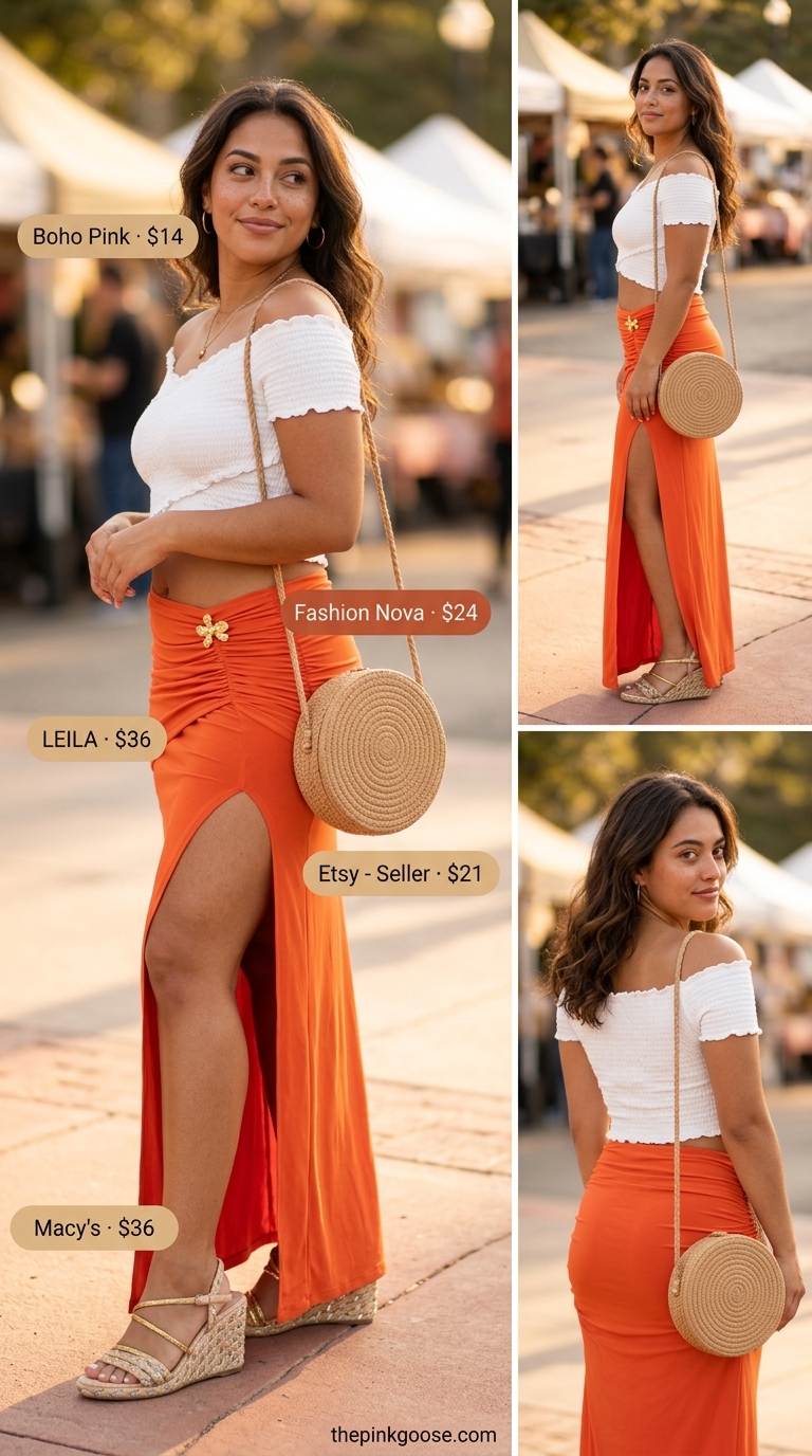 Burnt orange linen maxi skirt outfit for summer party 2026. Off-shoulder top, espadrilles, straw bag.