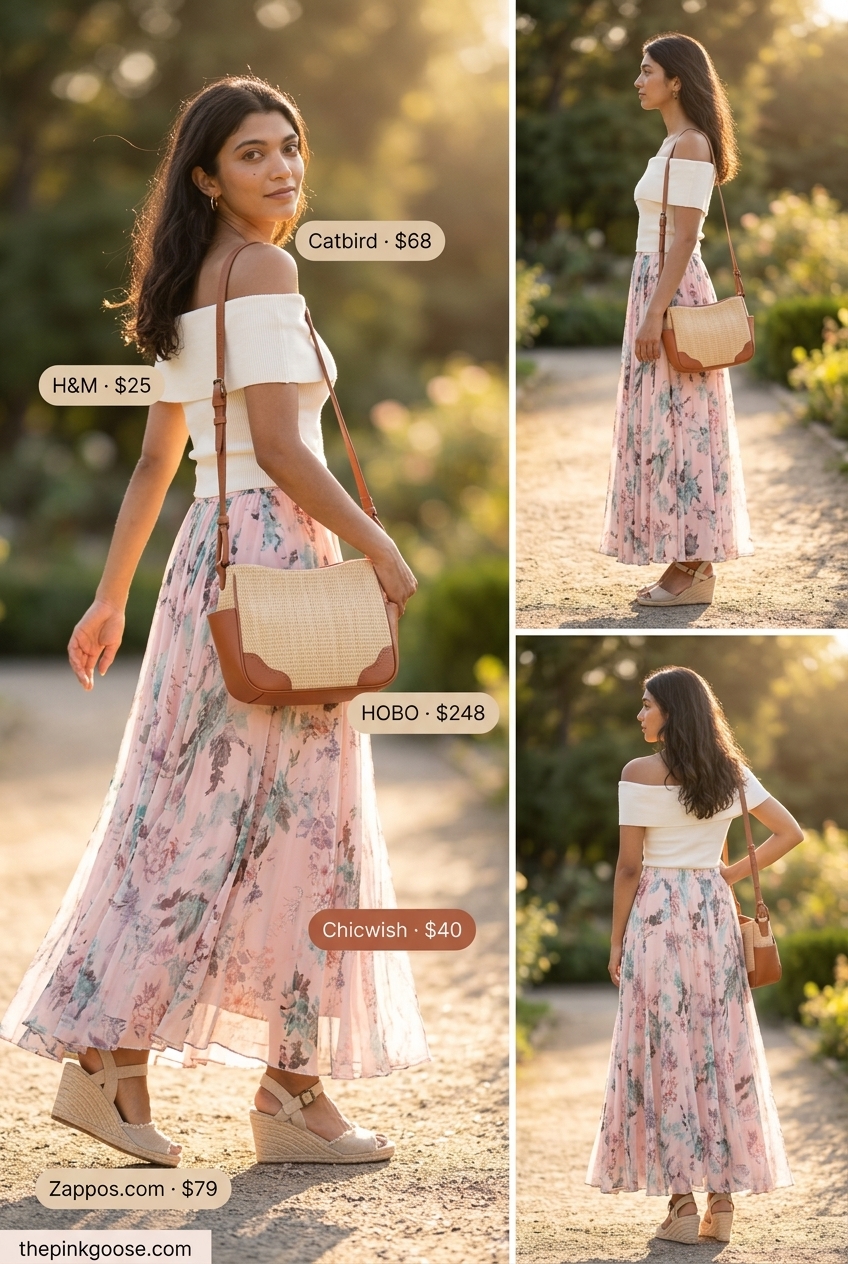 Pastel floral maxi skirt outfit for garden party 2026. Off-shoulder top, espadrille wedges, straw bag.