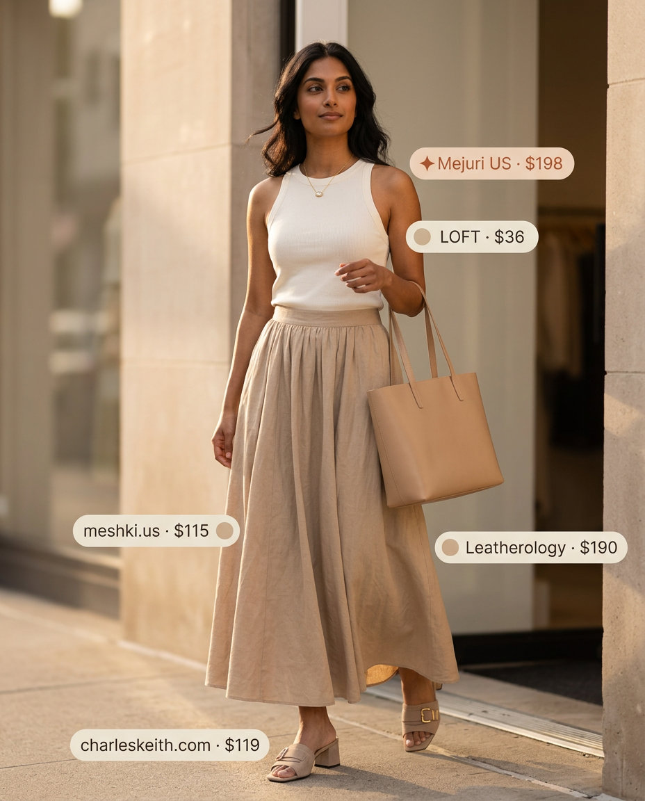 Elegant beige linen maxi skirt with knit top & mules for daytime events 2026.