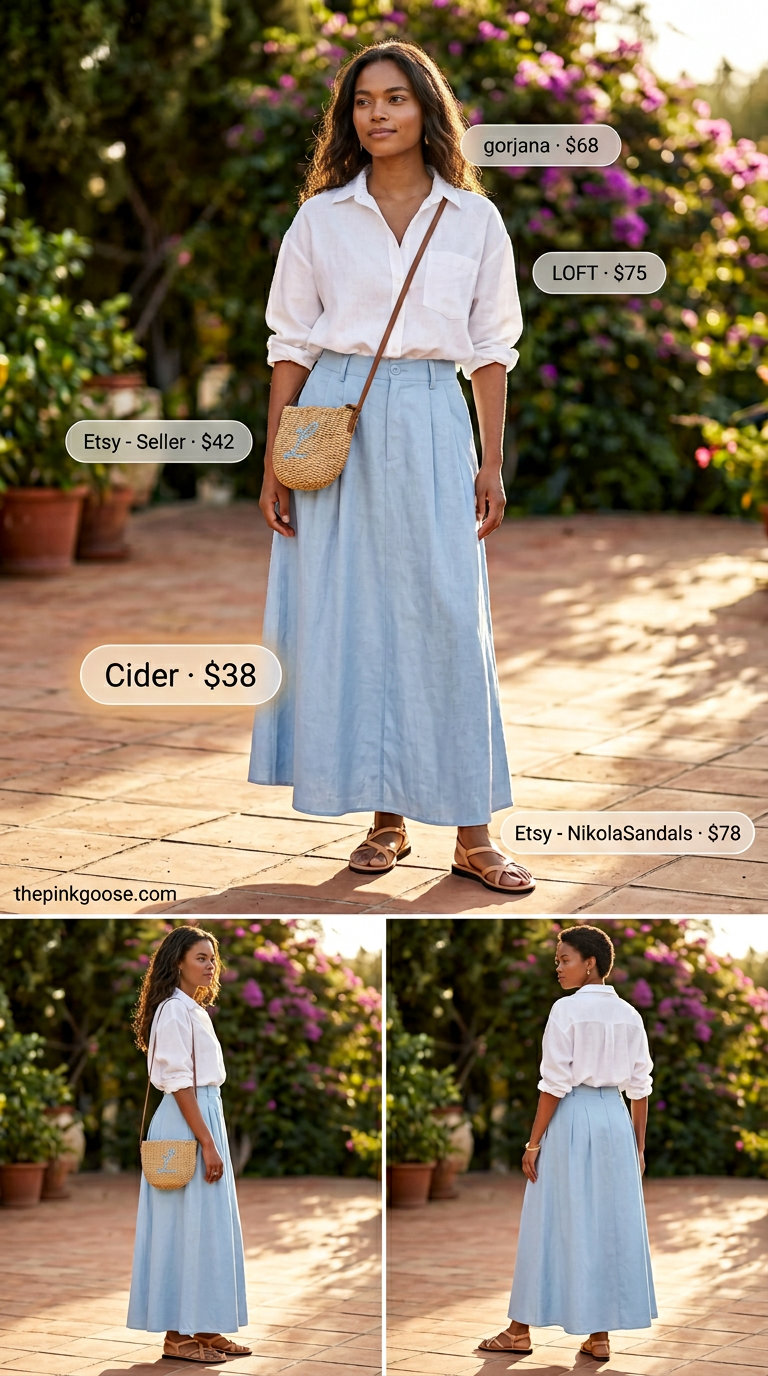 Elegant Mediterranean maxi skirt outfit with linen blouse, straw bag, flat sandals. What to Wear with Maxi Skirt Summer 2026.