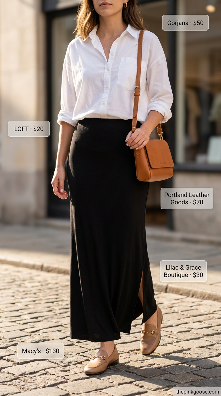 Sophisticated olive green maxi skirt outfit with white shirt & loafers for 2026.