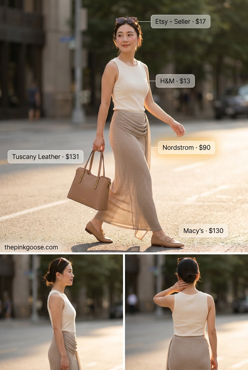 Monochrome beige maxi skirt outfit with knit tank, loafers, top-handle bag. What to Wear with Maxi Skirt Summer 2026.
