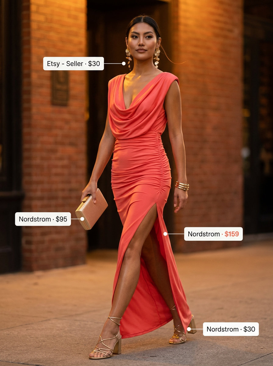 Vibrant coral maxi dress with plunging neckline for summer evening events 2026.