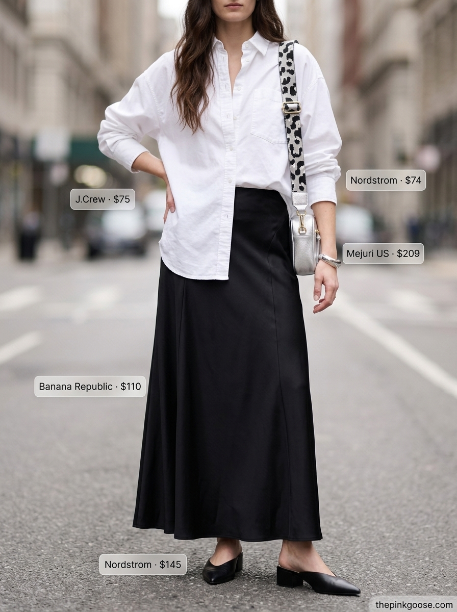 Black satin maxi skirt outfit for city exploration 2026. Oversized shirt, pointed mules, silver cuff.