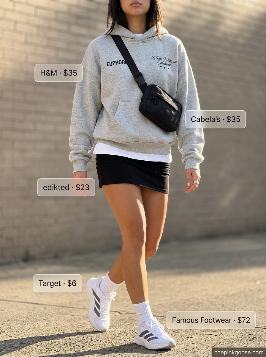 What to Wear with Mini Skirt Summer 2026: Athleisure outfit with a grey graphic hoodie, mini skirt, belt bag, and sneakers.