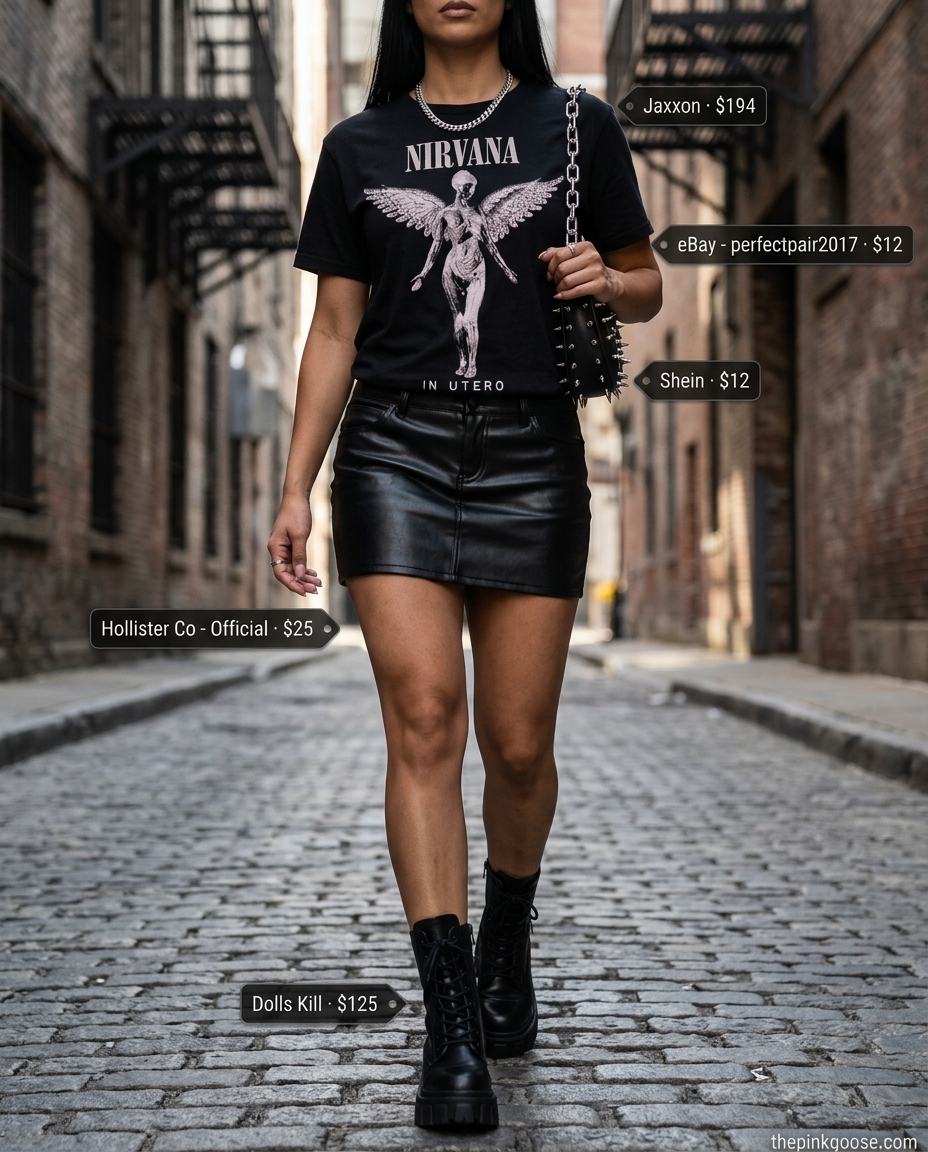 What to Wear with Mini Skirt Summer 2026: Black faux leather mini skirt, band tee, combat boots for an edgy night out.
