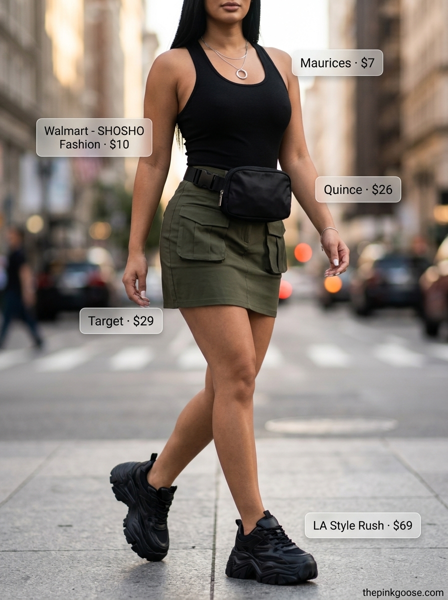 What to Wear with Mini Skirt Summer 2026: Olive cargo mini skirt, black tank, and platform sneakers for city exploration.