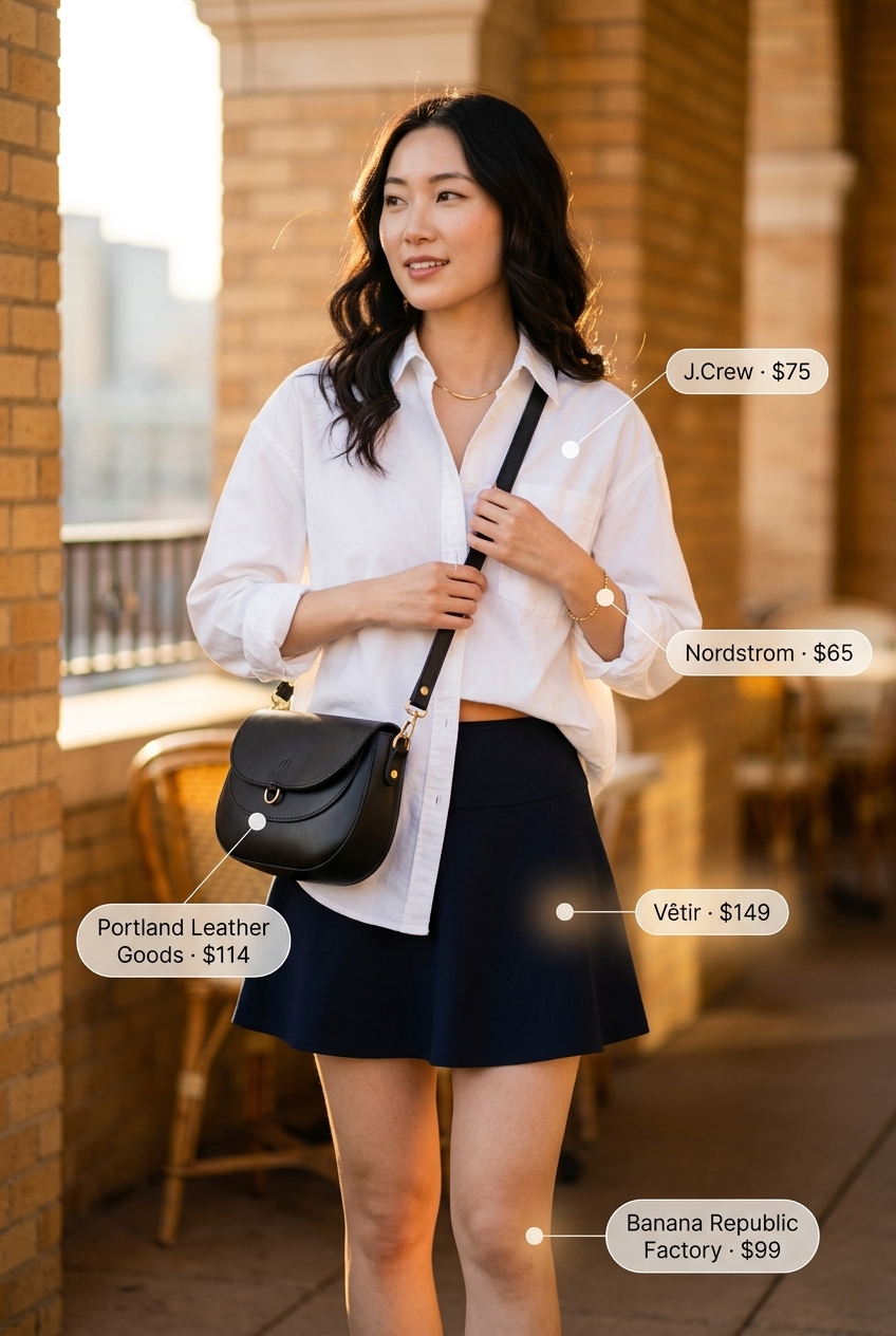 What to Wear with Mini Skirt Summer 2026: Tailored navy mini skirt, oversized white shirt, loafers, and crossbody bag for city chic.