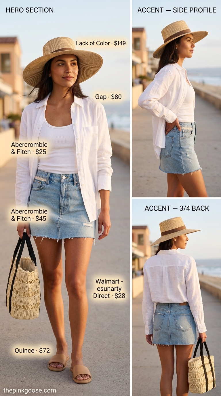What to Wear with Mini Skirt Summer 2026: Denim mini skirt, white tank, linen shirt, leather slides, and straw tote for coastal vibes.
