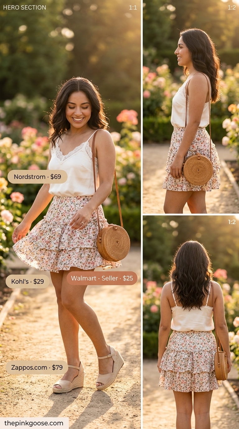 What to Wear with Mini Skirt Summer 2026: Pastel floral mini skirt, satin camisole, espadrilles, and woven bag for summer romance.