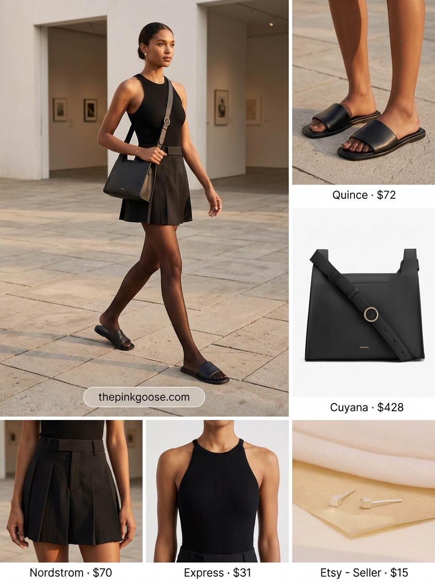 What to Wear with Mini Skirt Summer 2026: Black pleated mini skirt, white ribbed tank, black slides for a minimalist look.