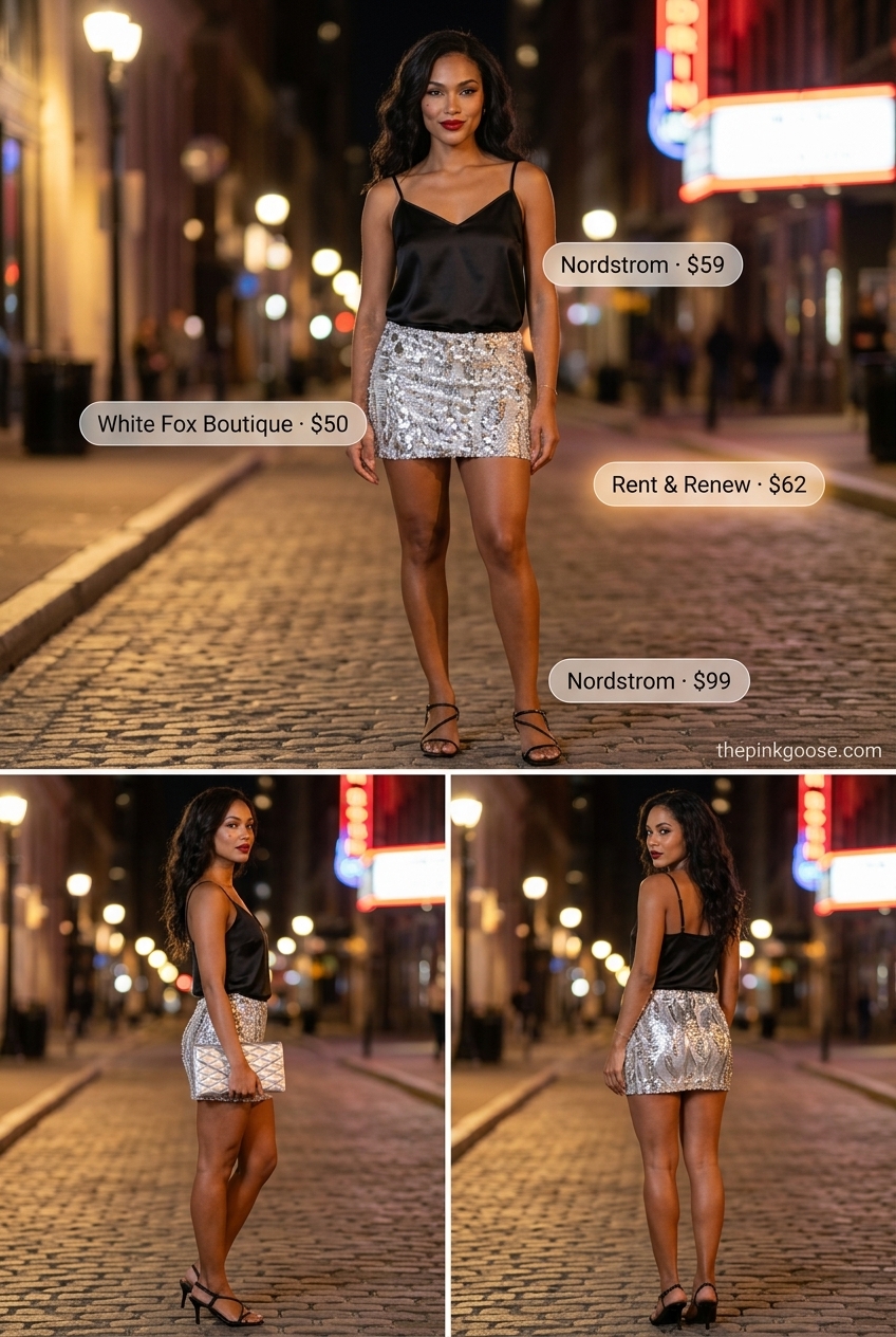 What to Wear with Mini Skirt Summer 2026: Sparkling sequined mini skirt, black camisole, heeled sandals, and clutch for a party.