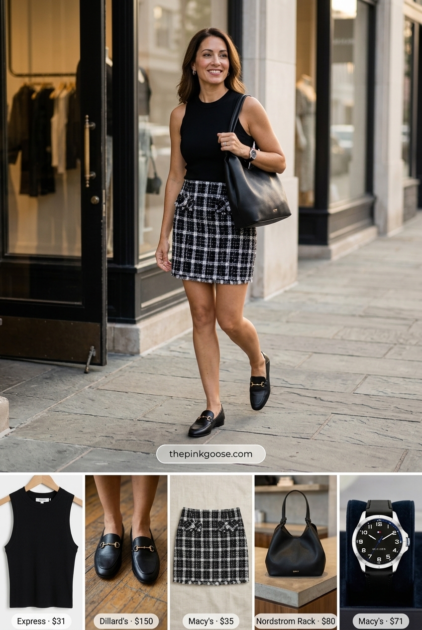 What to Wear with Mini Skirt Summer 2026: Black and white tweed mini skirt with a white high-neck top and loafers.