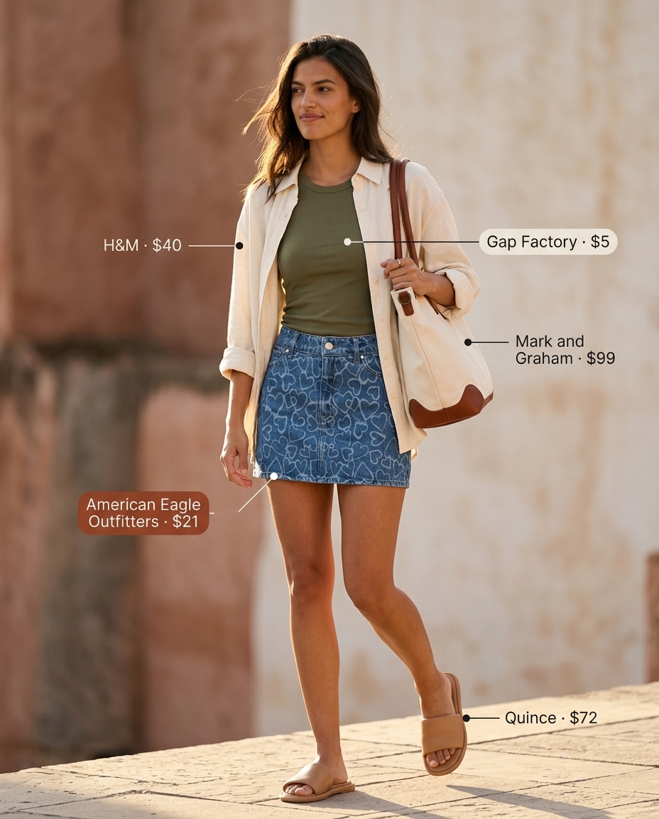 What to Wear with Mini Skirt Summer 2026: Denim mini skirt, olive tank, linen shirt, and slides for a weekend getaway.