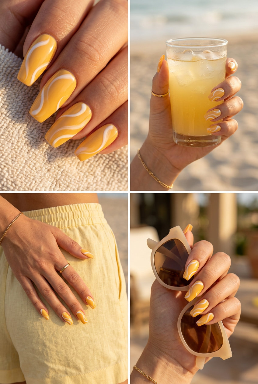 Yellow Summer Nails 2026: Airbrush Swirls Sophisticated marigold yellow nails with abstract airbrush white swirls for events in summer 2026.