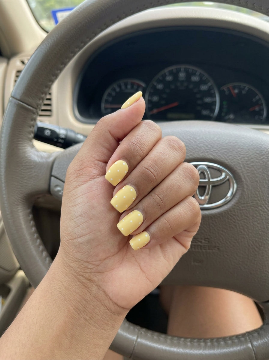 Yellow Summer Nails 2026: Matte Butter Dots Yellow summer nails 2026: Soft butter yellow matte with tiny white dots for daily chic.