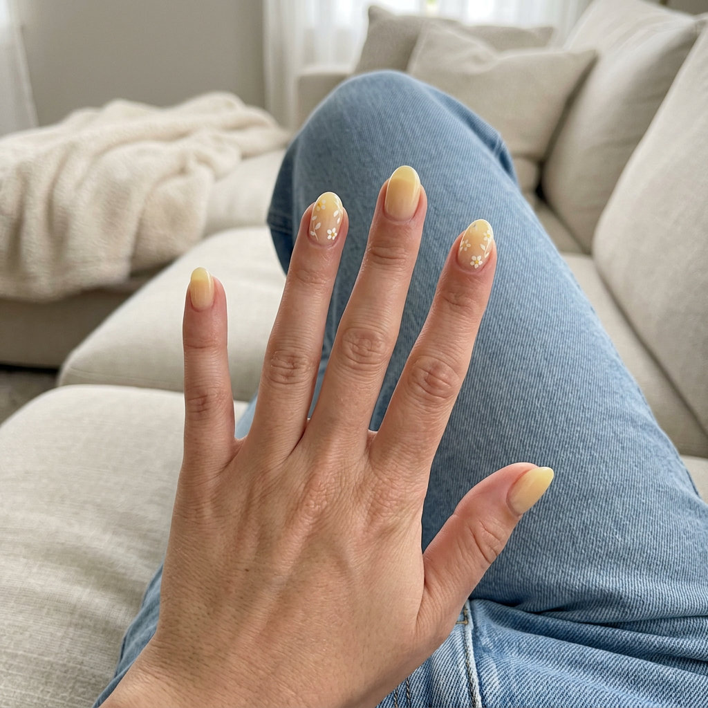Yellow Summer Nails 2026: Milky Butter Blossoms Yellow summer nails 2026: Butter yellow milk bath with delicate white blossoms for weddings.